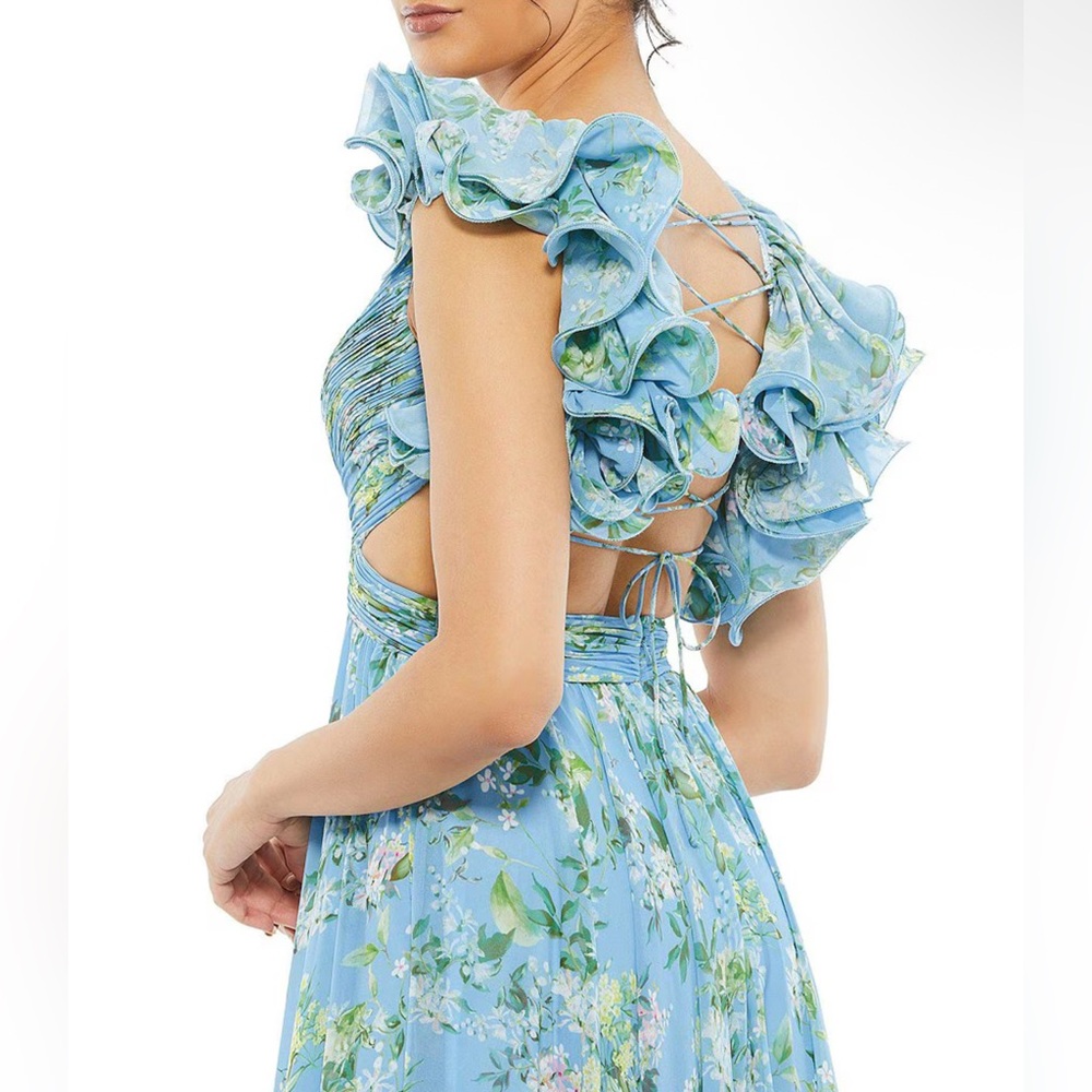 Mac Duggal 🩵 Blue Floral Ruffle Tiered Cut-Out Chiffon Gown – Size 8 NWT - Picture 5 of 16